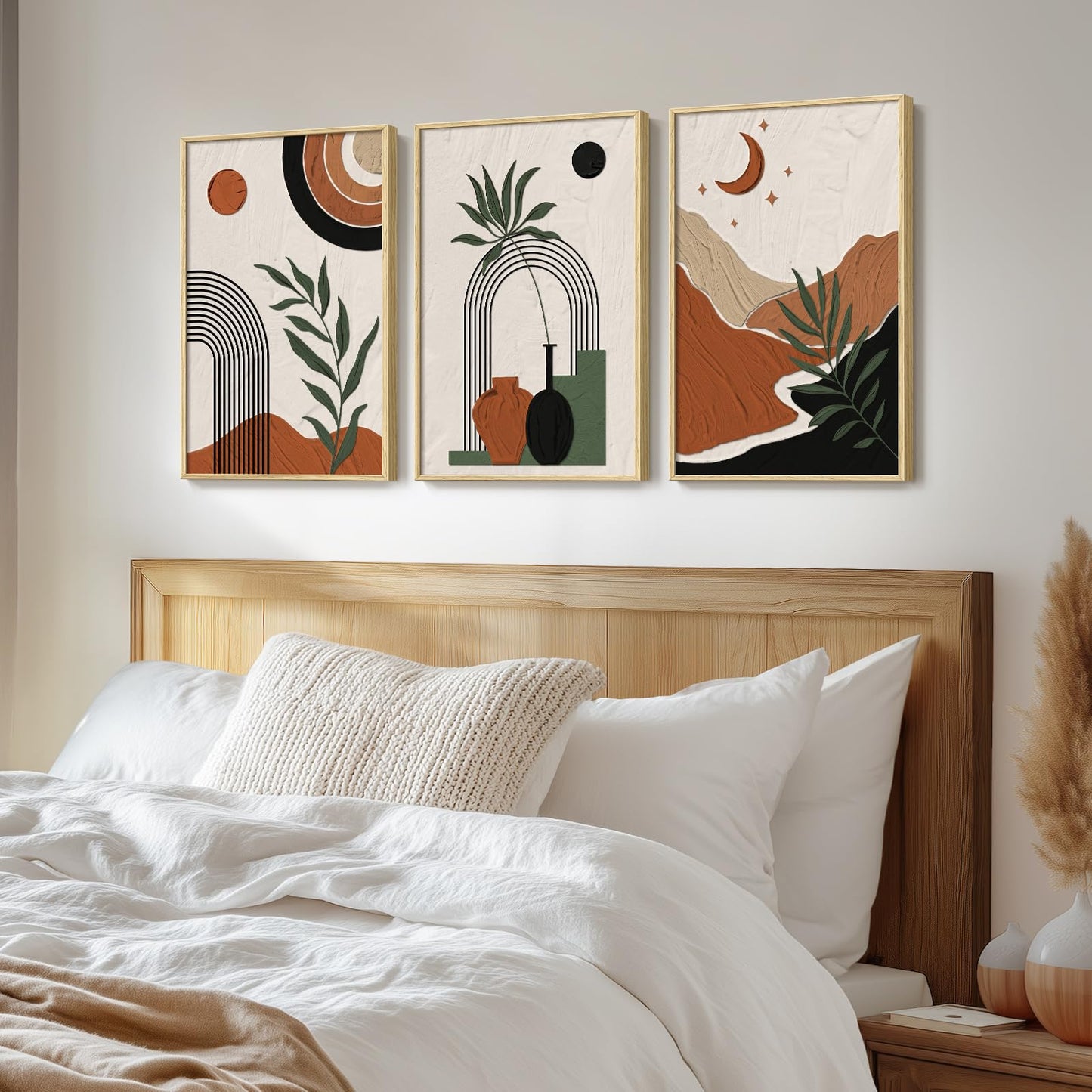 Framed Boho Sage Green Wall Art for Living Room, Large Mid Century Modern Tropical Leaf Canvas Artwork for Walls, 3 Piece Beige Orange Bohemian Wall Art Prints for Bedroom Kitchen Hallway, 16x24 Inch