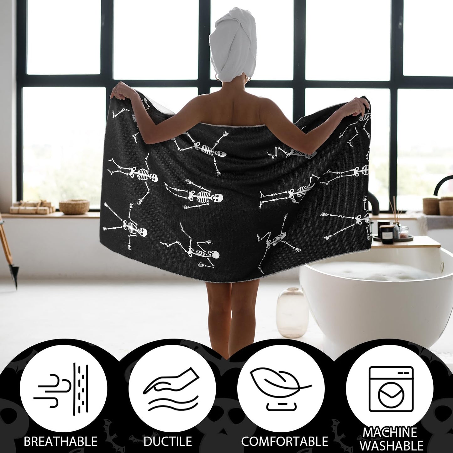 Preboun 3 Pack Halloween Skull Bathroom Towels Set Halloween Hand Towels for Bathroom Skeleton Bath Towels Dancing Skeleton Body Dish Towels Absorbent Fingertip Towel for Kitchen Hotel Beach Gym Spa