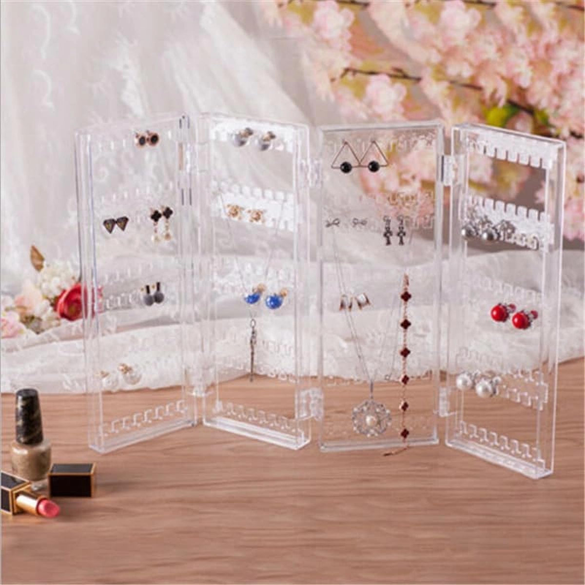 Sooyee Earring Holder Organizer, 256 Holes 5 Tiers 4 Doors Foldable Necklace Organizer Jewelry Holder, Acrylic Stud Earring Display Stands for Selling, Clear