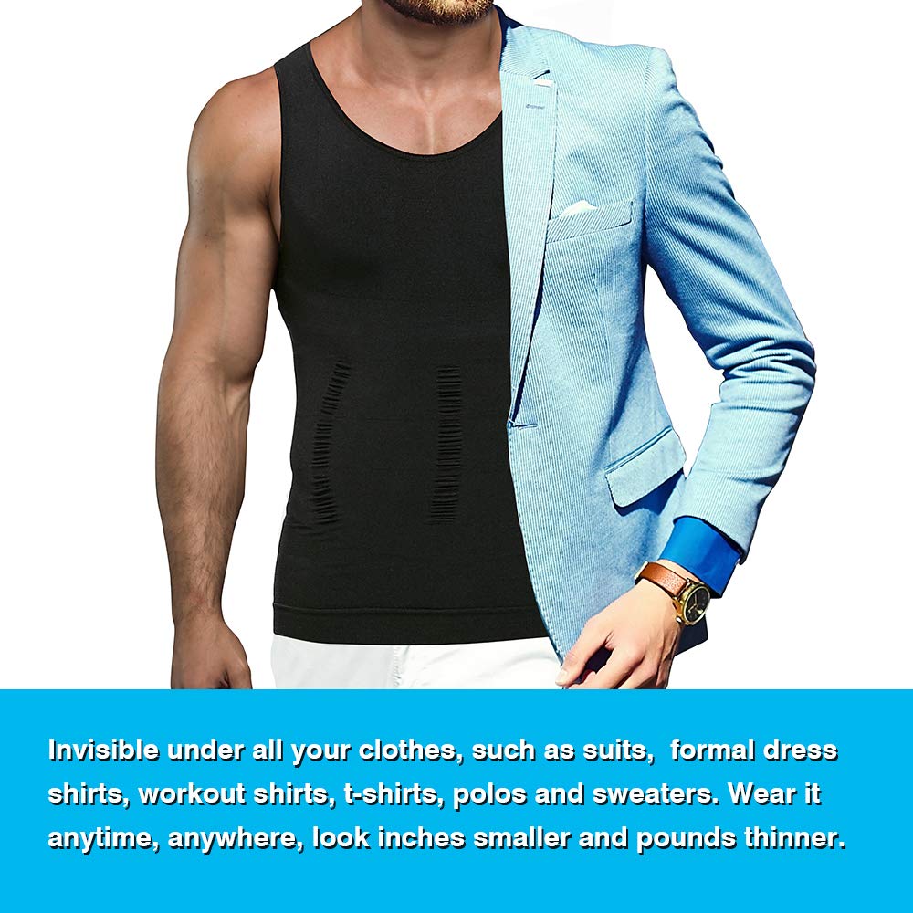 KOCLES Men's Compression Tank Top Slimming Body Shaper Vest Shirts Abs Abdomen Slim Undershirts Gym Weight Loss Workout Clothing (Black, Large)