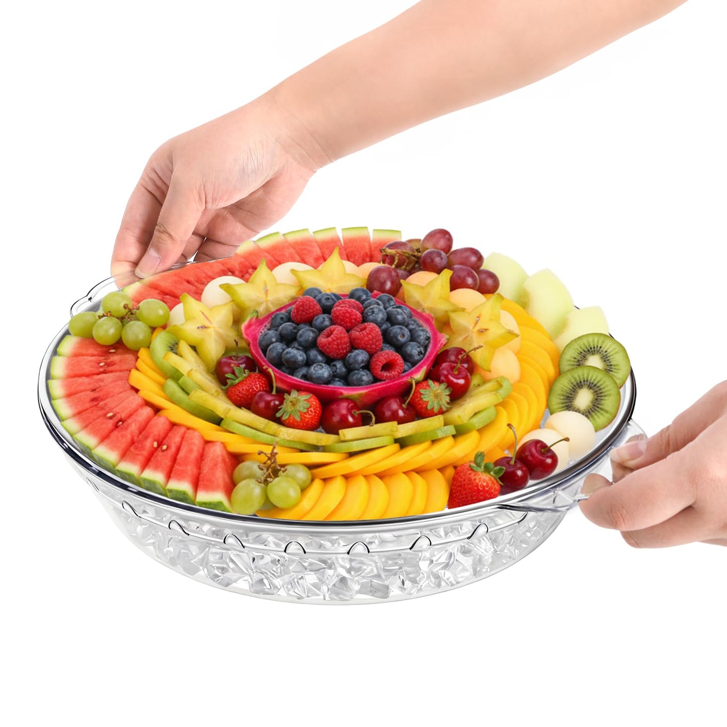 DEAYOU 3 Set 11.8" Chilled Serving Tray for Parties, Round Shrimp Cocktail Serving Dish with Ice Compartment, Ice Serving Bowl Cold Platter for Appetizer, Fruit, Veggie, Salad, Buffet, Keep Food Cold