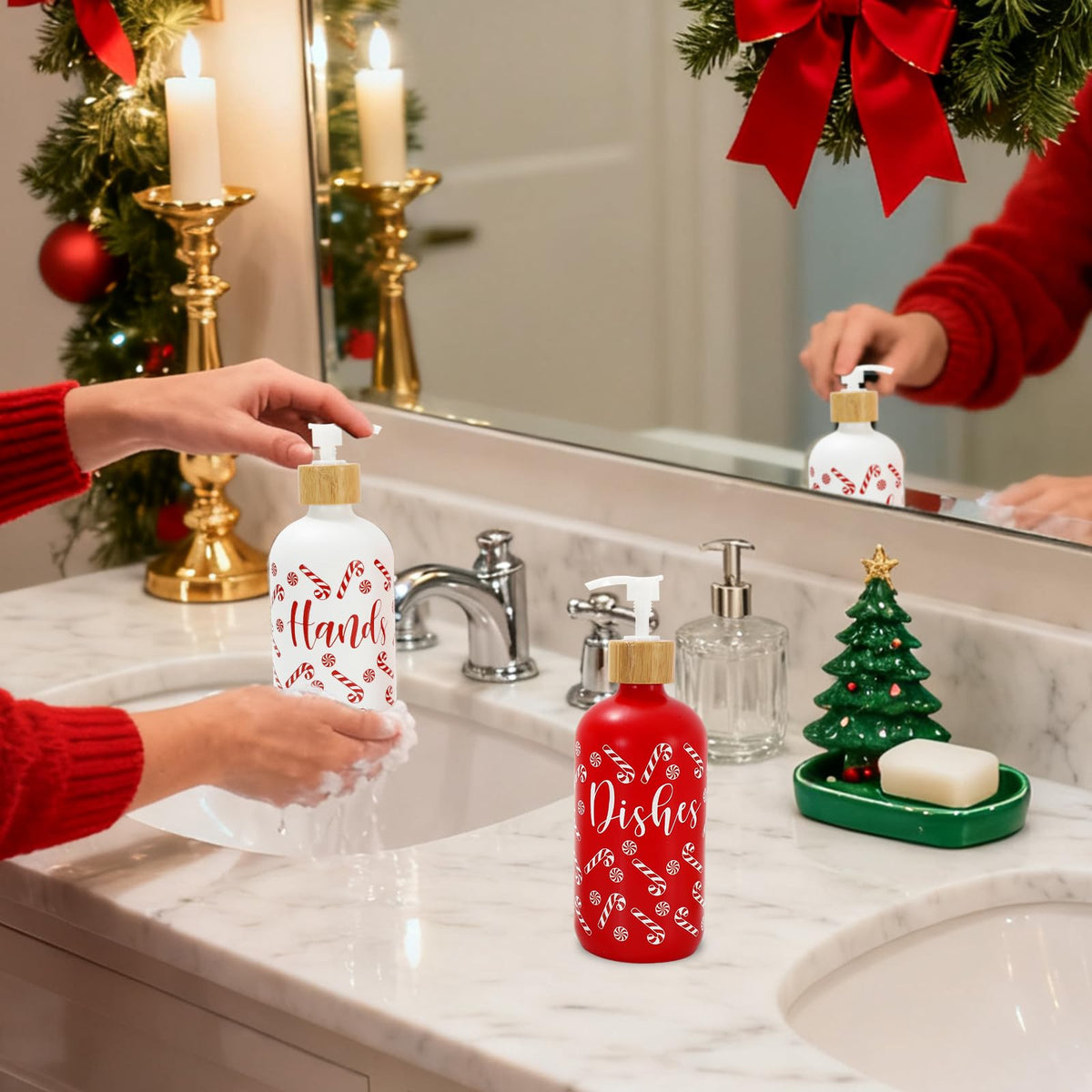 FYSUIMU 2 Pcs Christmas Soap Dispenser Glass Soap Dispenser with Pump Red Xmas Candy Cane Refillable Liquid Container for Hands Dishes Party Home Kitchen Bathroom Decor