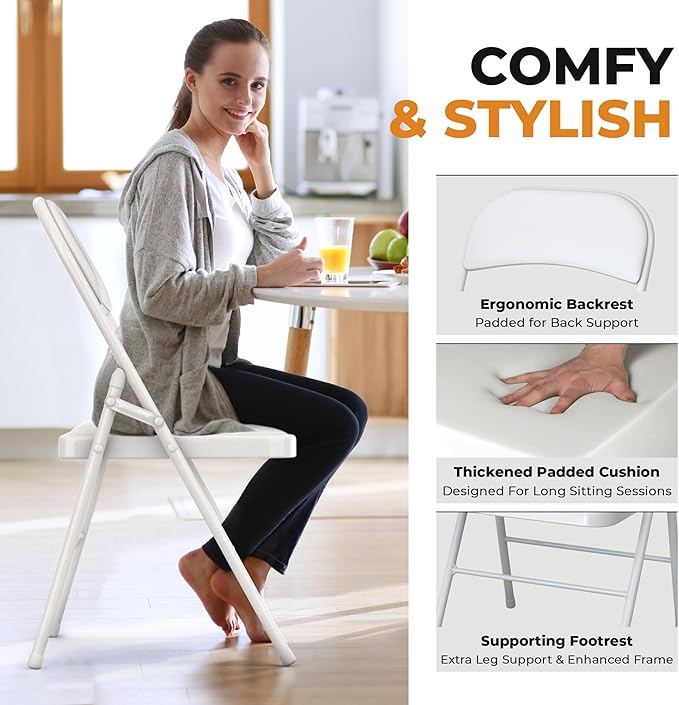 8 Pack Leather Chair | Foldable & Stackable | 350 lbs Capacity Steel Frame Seats for Indoor or Outdoor | Commercial Use Events Wedding Party Events Bulk Picnic Kitchen Dining - White