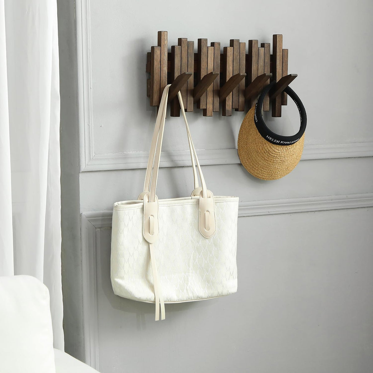 GOGREEBELL Wall Mounted Piano Coat Rack| Coat Rack Wall Mount| Flip Down Hook Rack 5 Hooks| Entryway Wall Art Hook,Made of Acacia Wood (Wood Wax Oil Dyed Walnut Color).Wall Art