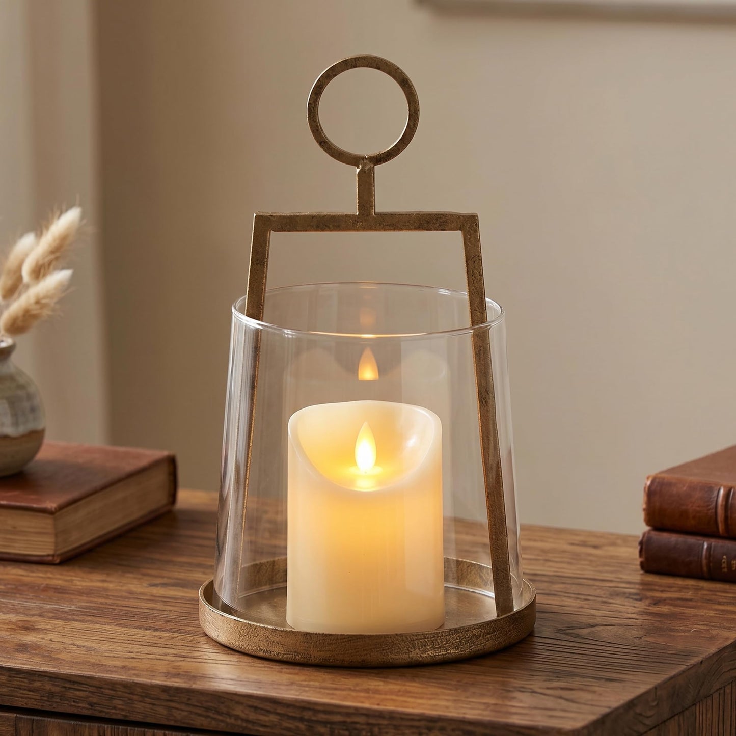 Modern Farmhouse Hurricane Candle Holder, Antique Brass Metal Centerpiece with Sturdy Glass Sleeve, Tabletop Geometric Lantern for Pillar Candles, Plants & Home Decor (6" x 10")