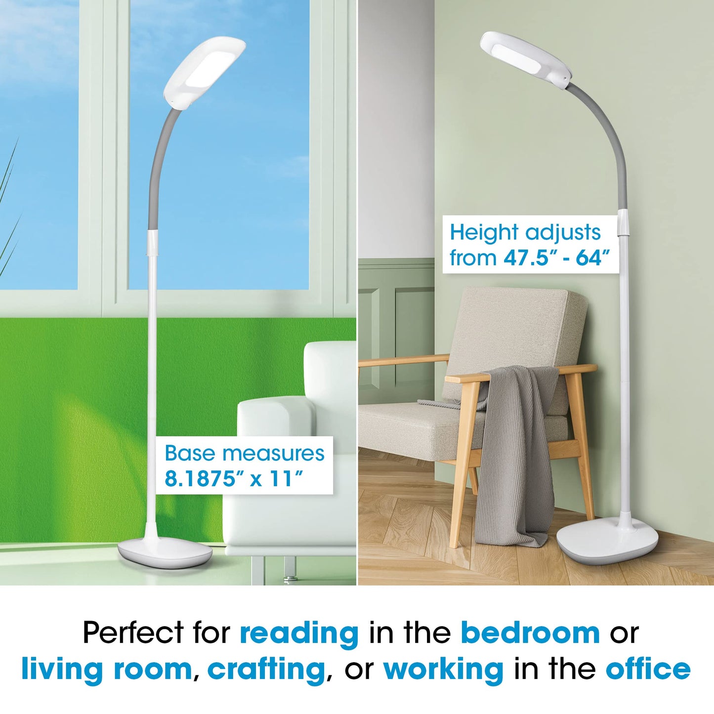 OttLite LED Floor Lamp Adjustable Height with ClearSun LED Technology - Touch Controls & 3 Brightness Settings, Natural Lighting - Craft Daylight Floor Lamp for Living Room, Bedroom, Dorms & Reading