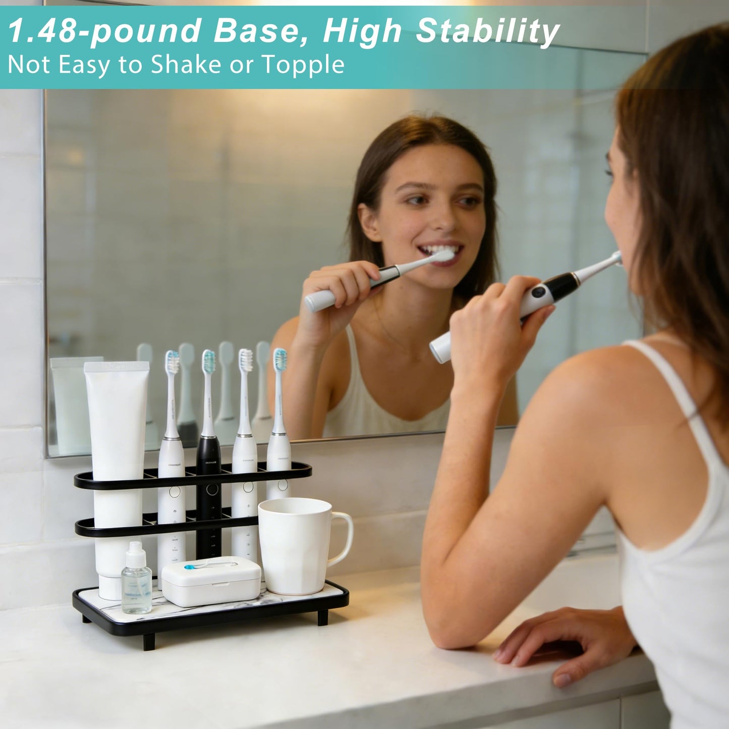 Diatomite Toothbrush Holder for Bathroom, Quick Dry Diatomaceous Earth Base, 5 Slot Electric Toothbrush Organizer for Countertop, Toothpaste Holder Bathroom Counter Organizer, Black
