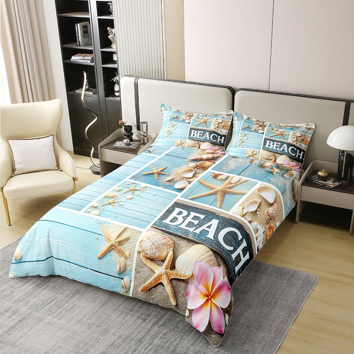 100% Cotton Hawaii Bed Sets Starfish Seashell Duvet Cover Pink Cherry Blossom Bedding Set Twin Coastal Sealife Patchwork Comforter Cover Farmhouse Decor Lodge Cabin Bed Cover with Zipper Closure
