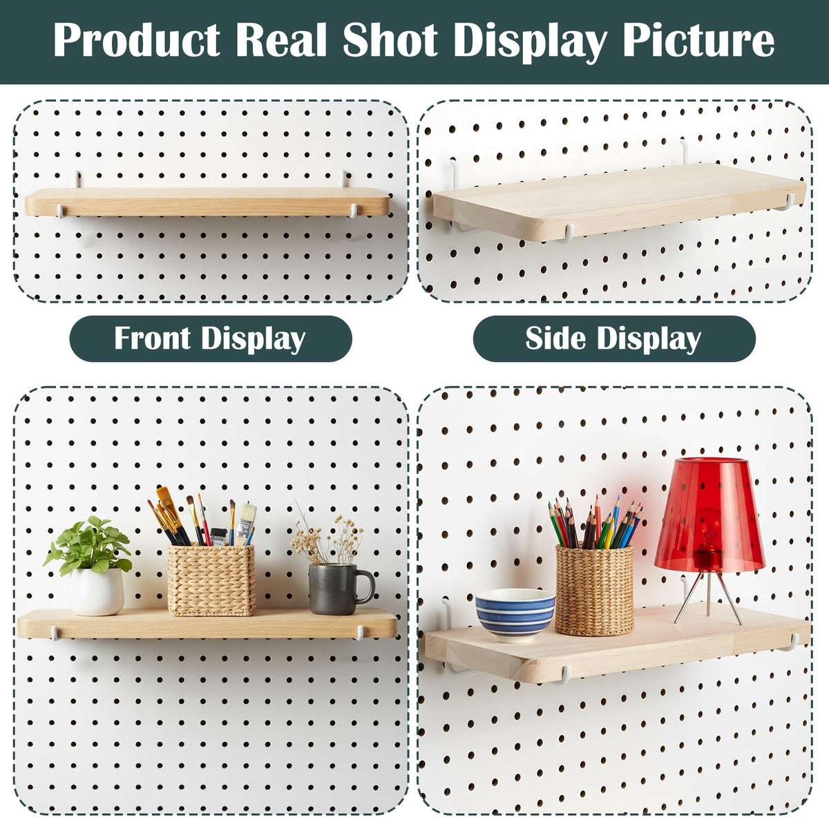 2 Pack Pegboard Shelves, Solid Wood Wall Shelf with Hooks, Solid Wood Pegboard Shelf, High Balance and No tilt, Wooden Pegboard Shelves for Metal Pegboard, Organizer Accessories for Home & Office