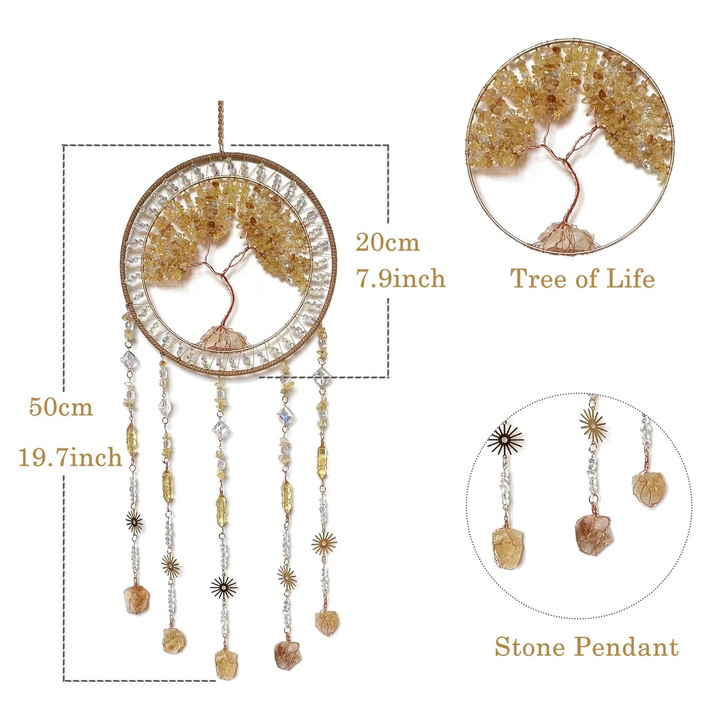 RAGKUU Crystal Tree of Life Dream Catchers with Stone Pendant Yellow Dream Catcher Wall Decor Handmade Dreamcatcher Wall Hanging Ornament for Bedroom Living Room Home Decor