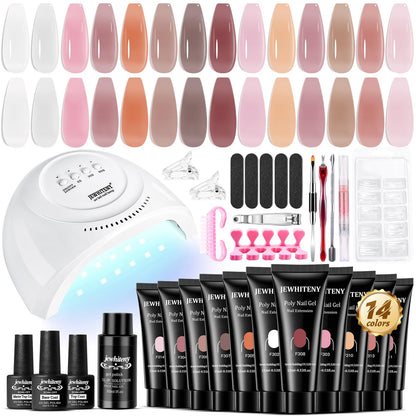 JEWHITENY Poly Extension Gel Nail Kit 14 PCS Poly Gel Kit with Slip Solution and Mini Lamp Nail Art Design Beginner