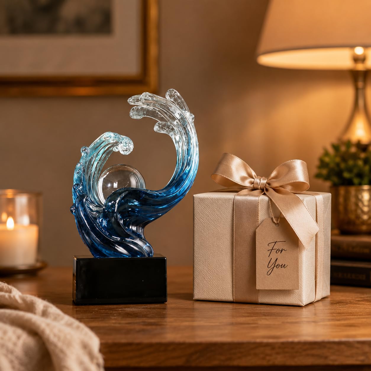 XYQXYQ Modern Abstract Decorative Wave Statue, Gold Abstract Art Home Decor,Crystal Ball Art Wave Resin Sculpture, Office Desk Stand, Dining Table Center Decorative Aesthetics (Blue)