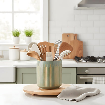 JIEMEI HOME Kitchen Utensil Holder, Ceramic Stable Utensil Crock for Countertop, 7.2" Large Utensil Organizer with Cork Mat, Removable Bamboo Divider for Kitchen Décor and Accessories, Wild Sage Earth