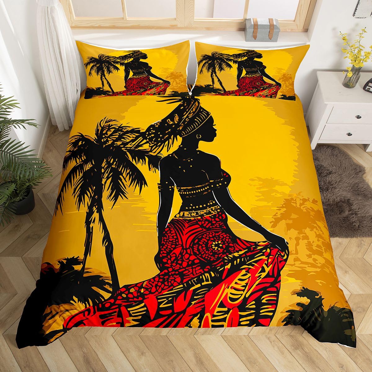 Feelyou African Woman Themed Bedding Set African Pattern Duvet Cover for Girls Women Adults Palm Tree Print Comforter Cover Ethnic Afro Style Bedspread Cover Bedroom Decor Quilt Cover 2Pcs Twin Size