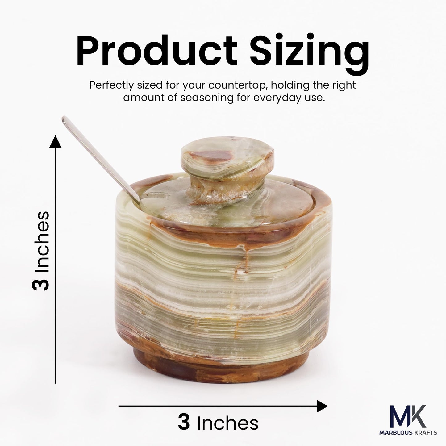 MARBLOUS KRAFTS Marble Salt Cellar with Lid & Spoon 3" Green Onyx Seasoning Container, Spice Holder, and Salt Bowl for Countertop, Perfect for Kitchen Storage, Sugar Jar, and Gift for Her