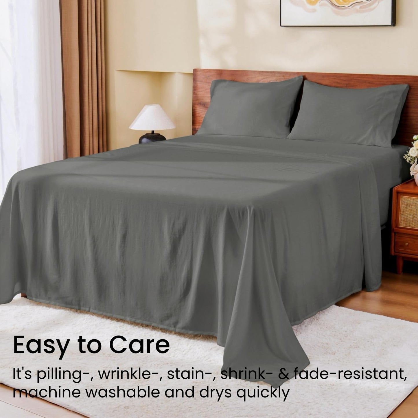 GOKOTTA 4-Pcs Queen Sheet Set, 18"-21" Extra Deep Pocket, Non-Slip Elastic Corner Straps, Washed & Brushed Microfiber Polyester, Ultra Soft, Hotel Luxury, Breathable, Wrinkle-Free, Anti-Rip-Dark Grey
