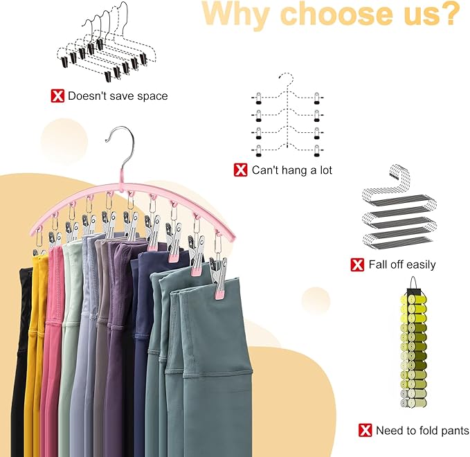 Metal Yoga Pants Hangers 1 Pack w/10 Clips Holds 10 Leggings, Space Saving