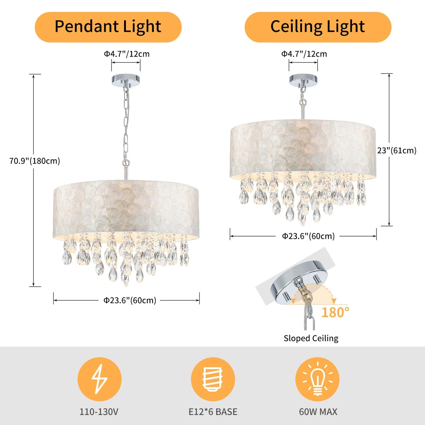 LumFurn X-Large D24in Drum Capiz Shell Crystal Chandeliers, 6-Light Coastal Style Light Fixture for Dining Room, Living Room, D24xH23~71in(Adjustable), K9 Crystal, Shell Lampshade & Chrome Finish
