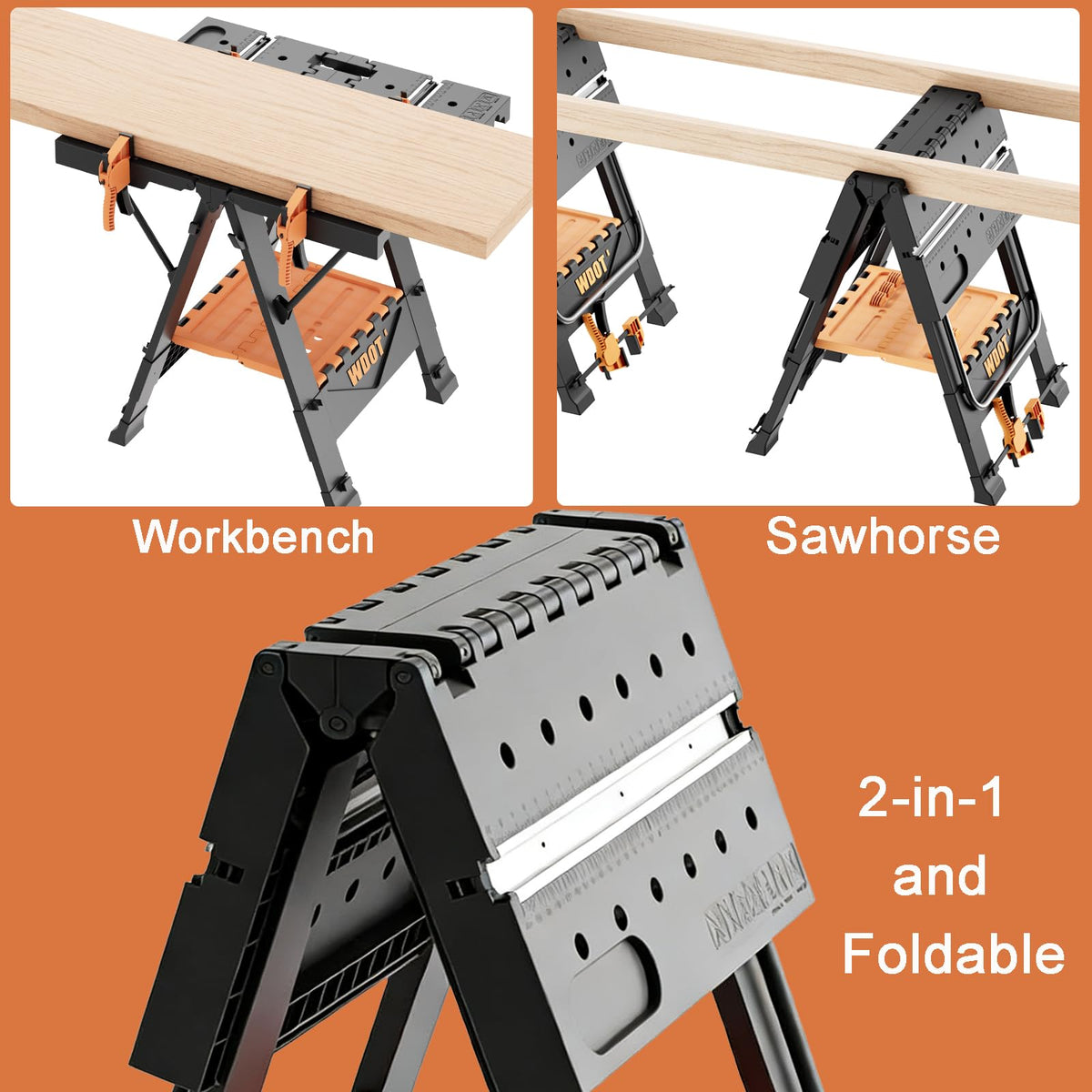WDOT Work Bench Table 2 in 1 Portable Folding Workbench for Garage Sawhorse 500lbs Mobile Work Table 31" W x 25" D x 32" H with 2 Clamps & 6 Bench Dogs