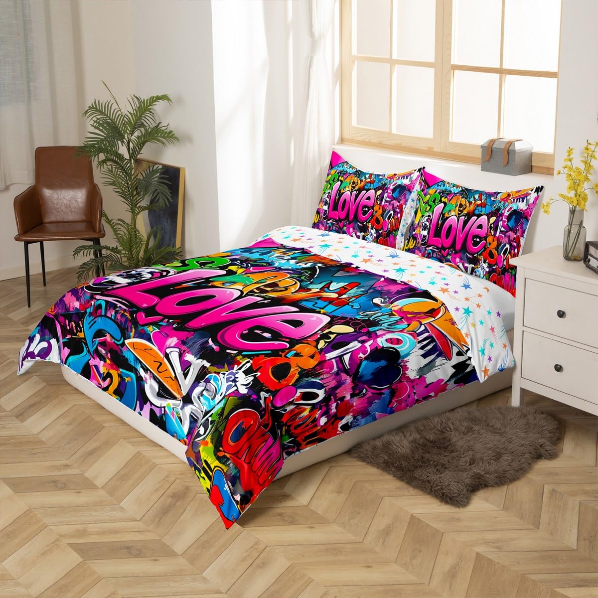 Feelyou Hippie Graffiti Duvet Cover Hip Hop Sports Bedding Set for Kids Boys Teens Rock Music Comforter Cover Set Trippy Abstract Art Quilt Cover with 2 Pillowcases King Size