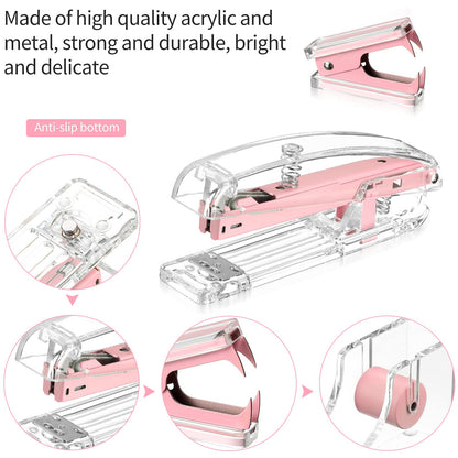 Office Supplies Set Desk Accessory Kit, Acrylic Stapler Set Staple Remover, Tape Dispenser, Binder Clips, Paper Clips, Ballpoint Pen and Scissor with 1000 Pieces 26/6 Staples (Pink)