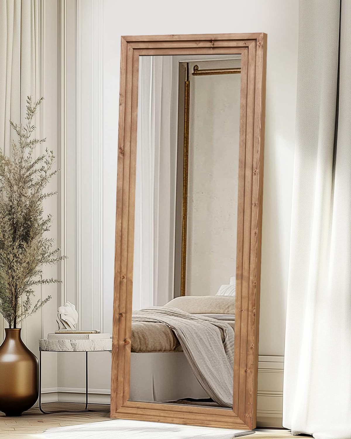 ABSWHLM Full Length Mirror 65"x24" Solid Wood Frame Floor Large Mirror for Living Room, Bedroom Hanging or Leaning Wall-Mounted, Light Brown