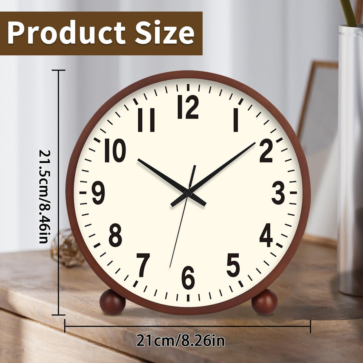 Maxspace Wooden Table Clock,8in Silent Non-Ticking Desk Clock,Battery Operated Desktop Analog Clock for Living Room Bedroom Kitchen Office Classroom Decor (Walnut - Cream Finish)