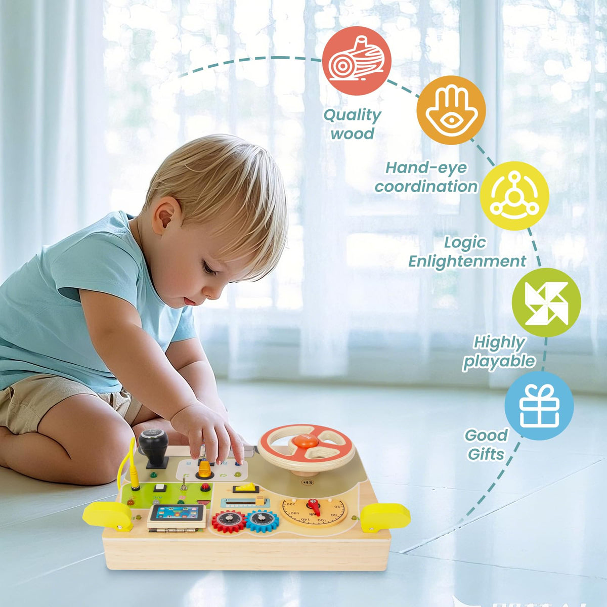 Montessori Busy Board for Toddlers Baby Busy Board Car Steering Wheel Wooden Sensory Board Travel Toys for Fine Motor Skill Gift for 3+ Years Old Boys Girls Christmas Birthday Parents