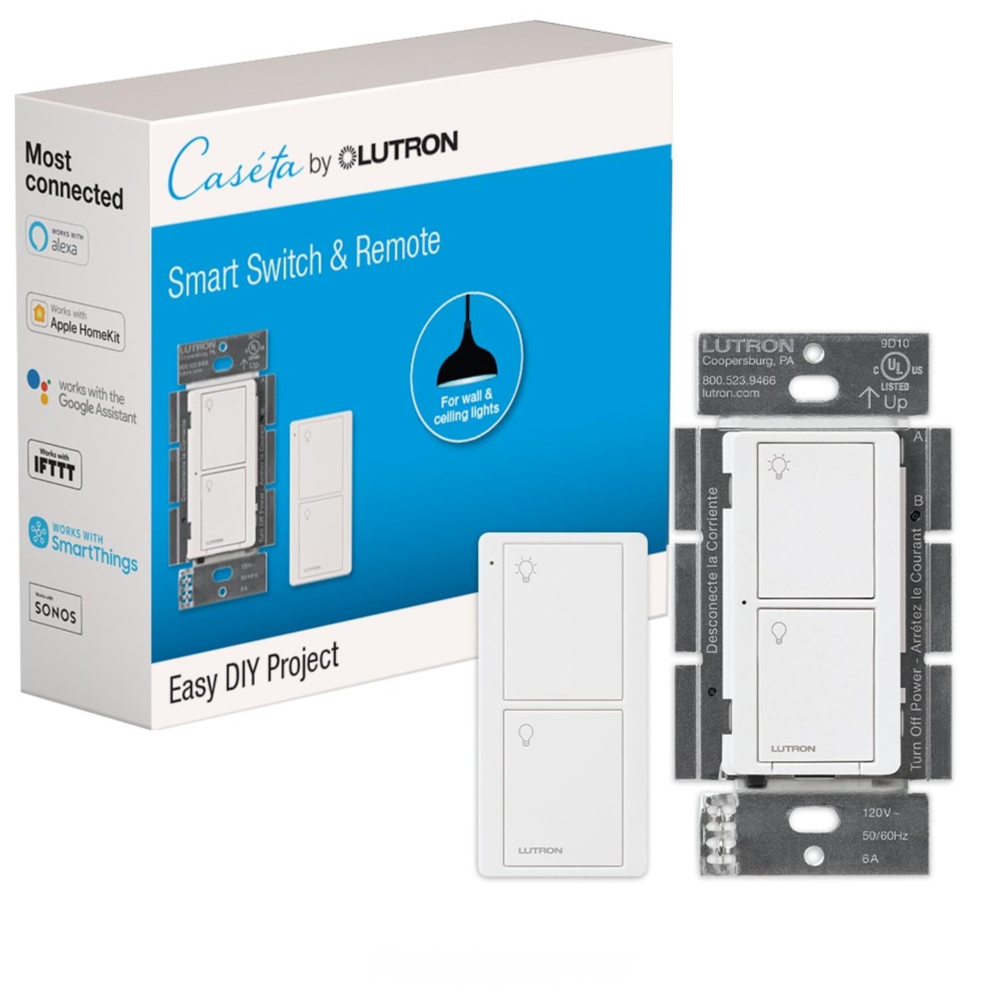 Lutron Caseta Original Smart Light Switch (Lutron Smart Hub Required), for Home, LED Lights, and Fans, 6 Amp, Single-Pole/3-Way, Neutral Required, PD-6ANS-WH, White