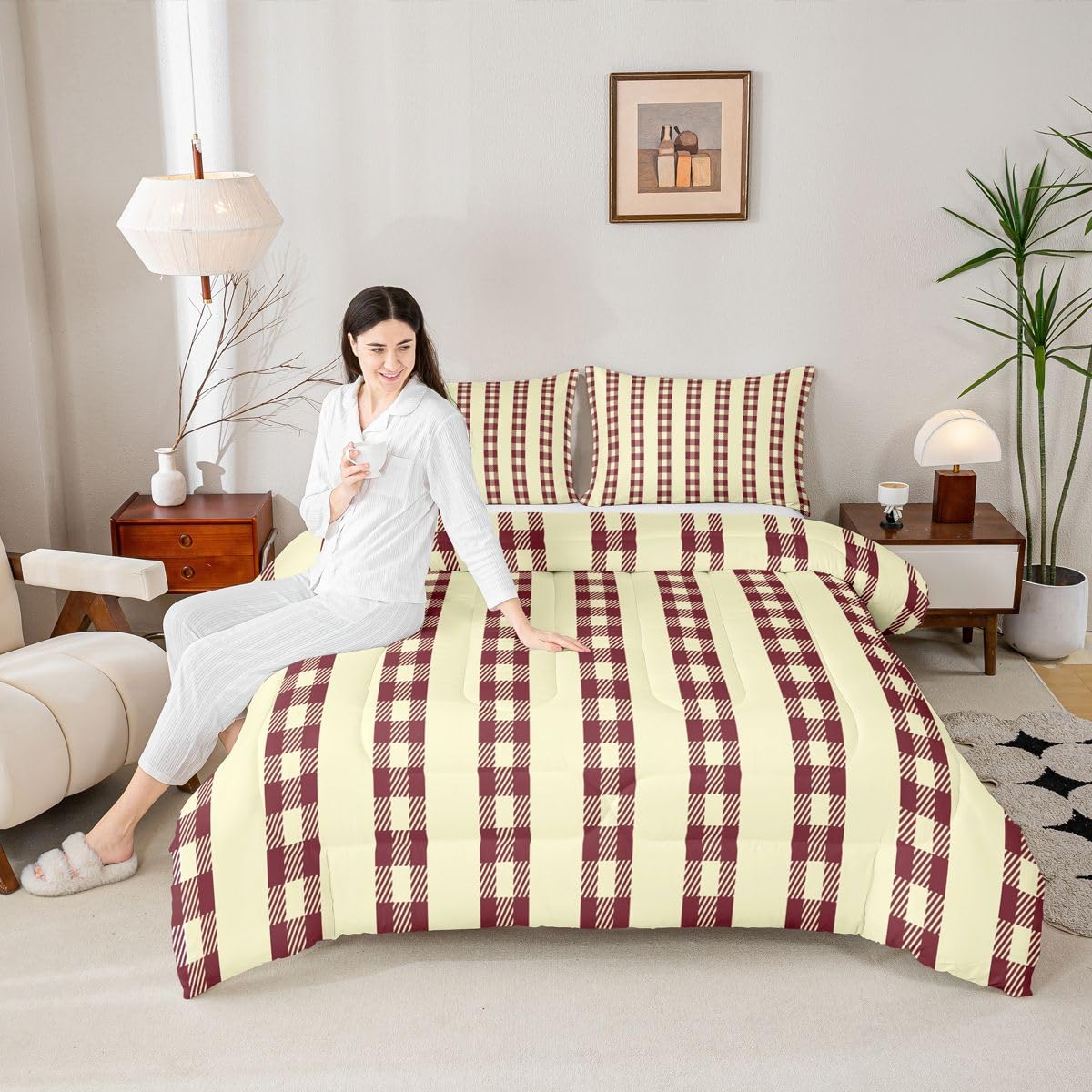 jejeloiu Red Brown Plaid Comforter Set All Season Stripes Bedding Set with 2 Pillow Cases Check Checkered Microfiber Kids Queen Bedclothes Grid Geometric Bedroom Decor Duvet Quilt Breathable Soft