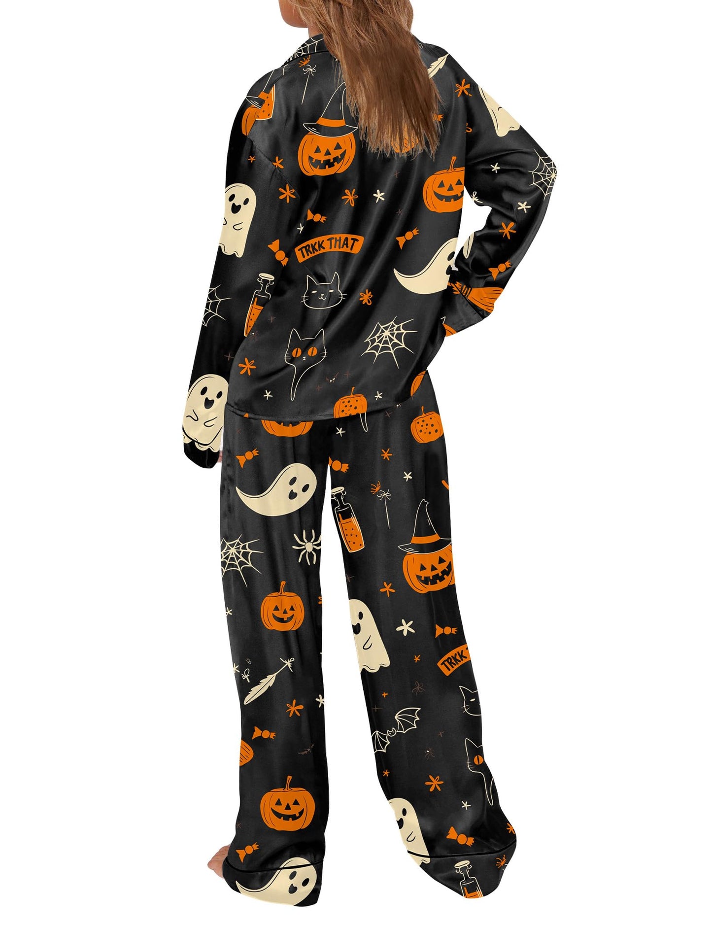 SHESHOW Funny Halloween Pajamas Women Satin Pajama Long Sleeve 2 Piece Sets Cute Halloween Pjs Women Black XL