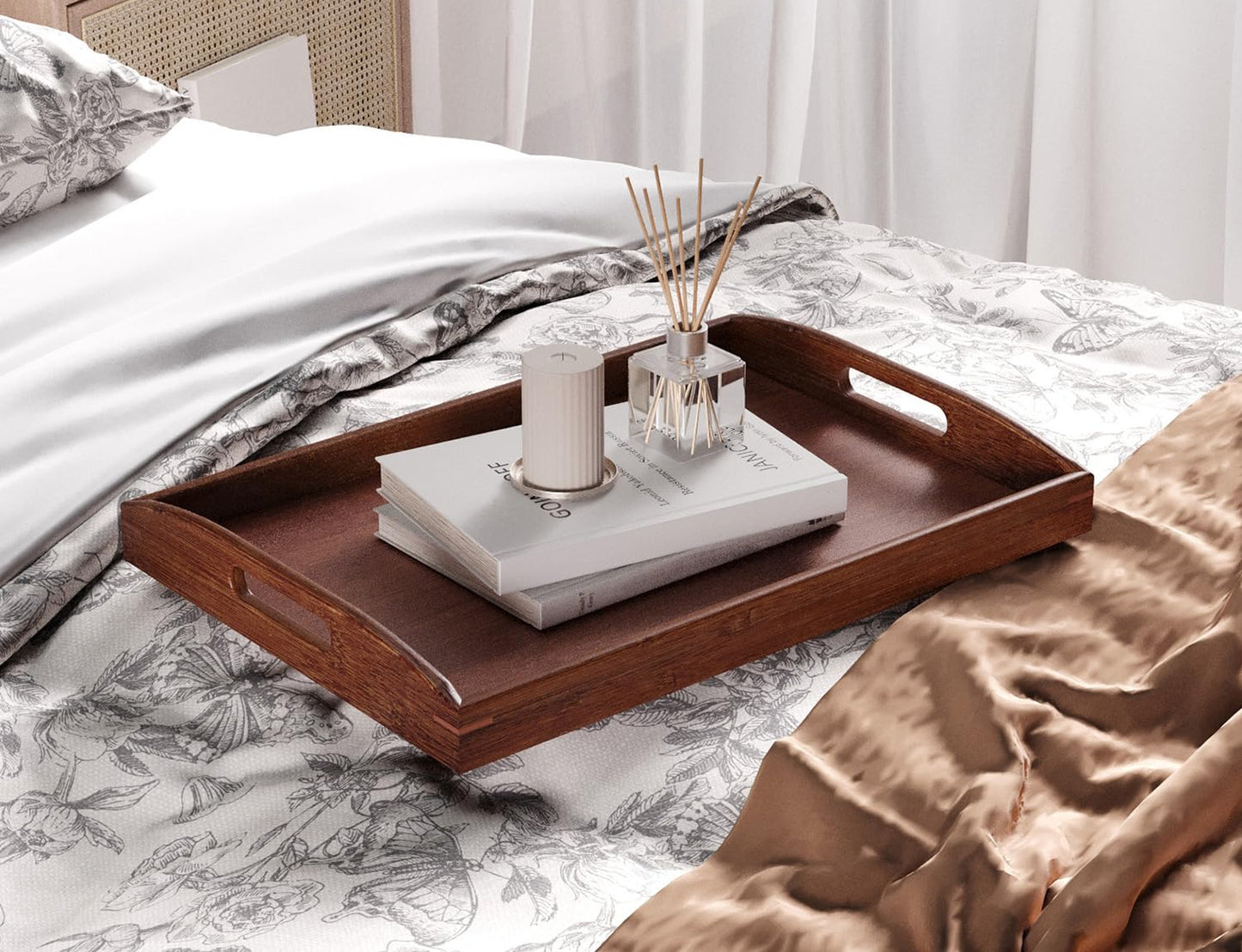 Danfoxer Bamboo Set of 2 Serving Tray with Handles,Large & Small Food Serving Trays for Coffee Table, Kitchen Counter, Breakfast, Party, Decorative Trays for Eating, Ottoman, Bathroom(Brown)