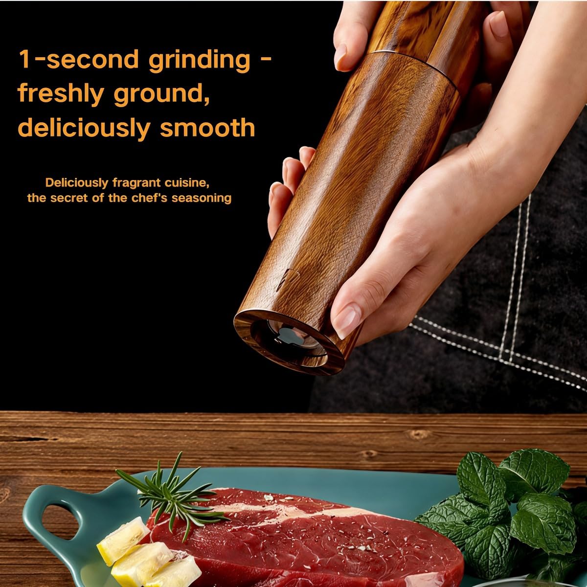 Wooden Salt and Pepper Grinder Set with Tray, 8 Inch Manual Mills, Adjustable Coarseness & Refillable, Gold Bottle Label, Natural Wood for Kitchen, Home, Christmas Gift