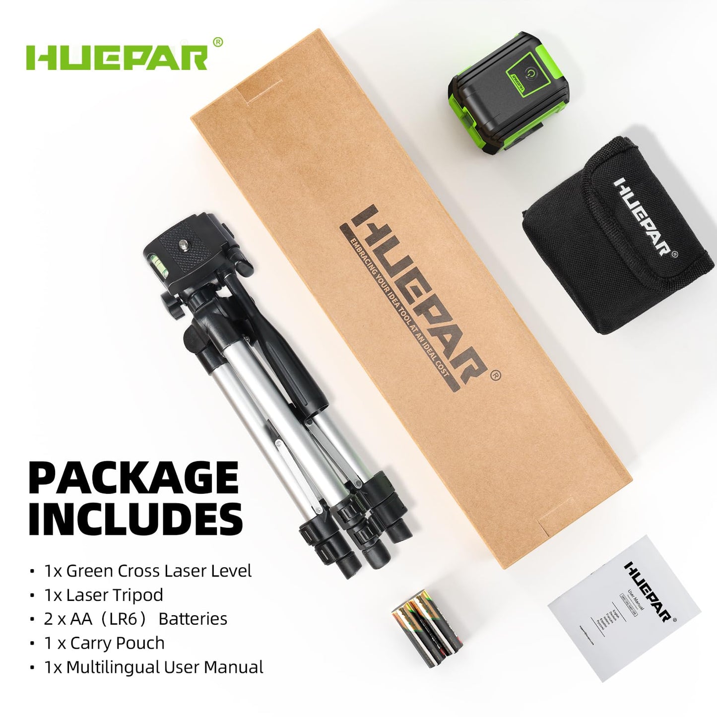 Laser Level with Tripod, HUEPAR 98Ft Self Leveling Laser Level Green Line Laser Cross Line Laser Leveler Tool for Picture Hanging, Tile, Home Renovation, Indoor Project, Battery&Carrying Bag Included