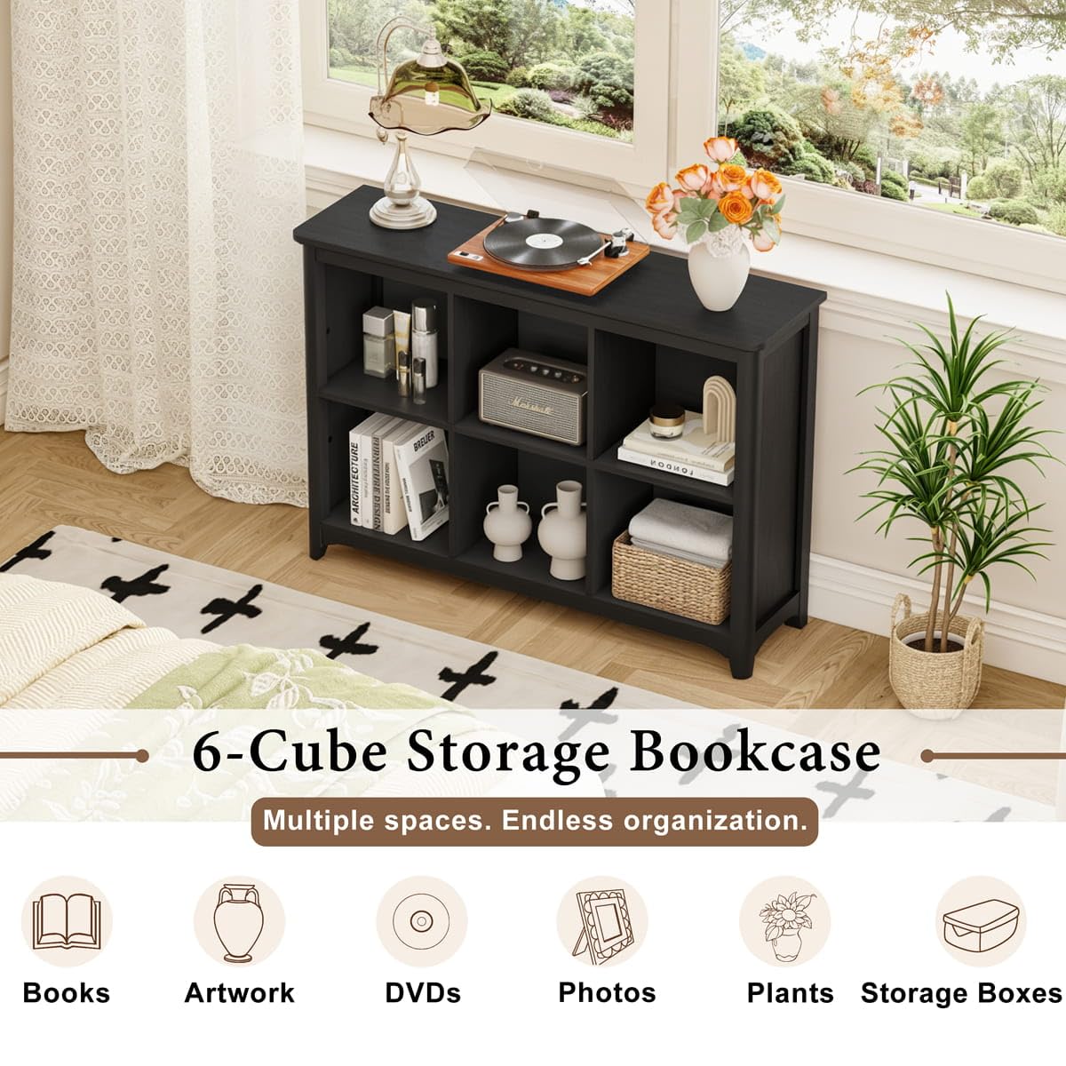 BON AUGURE 6 Cube Storage Organizer Bookcase, Horizontal Bookshelf with Curved Edge, Floor Standing Low Wooden Book Shelf for Living Room, Office -Black Oak, 43"