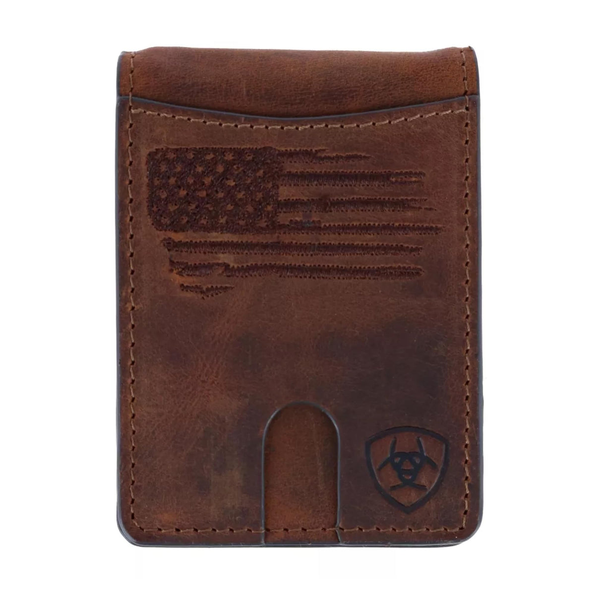 ARIAT Men's Wallet, Brown Genuine Leather, Money Clip Style, Distressed USA Flag, Shield Logo, Card Slots, ID Window