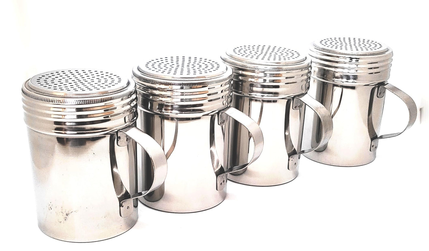 KERAM Metal Salt and Pepper Shakers, Dredge 10 Oz, Pack of 4, powdered sugar/cinnamon/flour/spice/seasoning shaker duster with holes, handle and lids restaurant supplies outdoor kitchen accessories