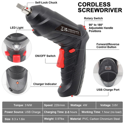 MYMULIKE Electric Drill Screwdriver, 48 in 1 Portable Cordless Screwdriver Set Rotated 90 Degrees Electric Screwdrivers Cordless Handle with Led Worklight and Charger for Home Office DIY Tools