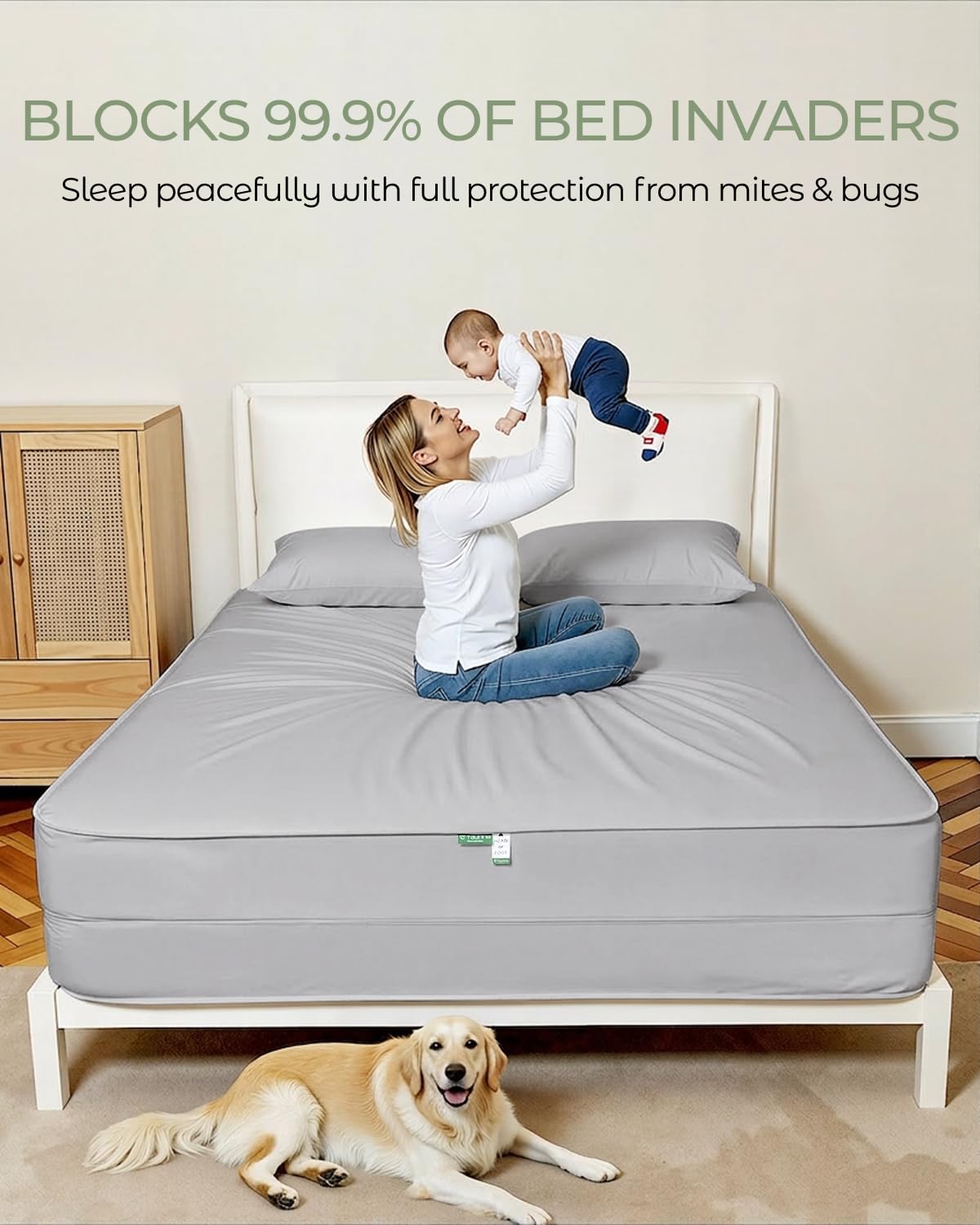 FAUNNA 100% Cotton Mattress Encasement, Bed Bug and Dust Mite Proof Mattress Protector Hypoallergenic & Antibacterial Protection, Noiseless Zippered Six-Sided Mattress Cover Gray (Queen 12" Deep)