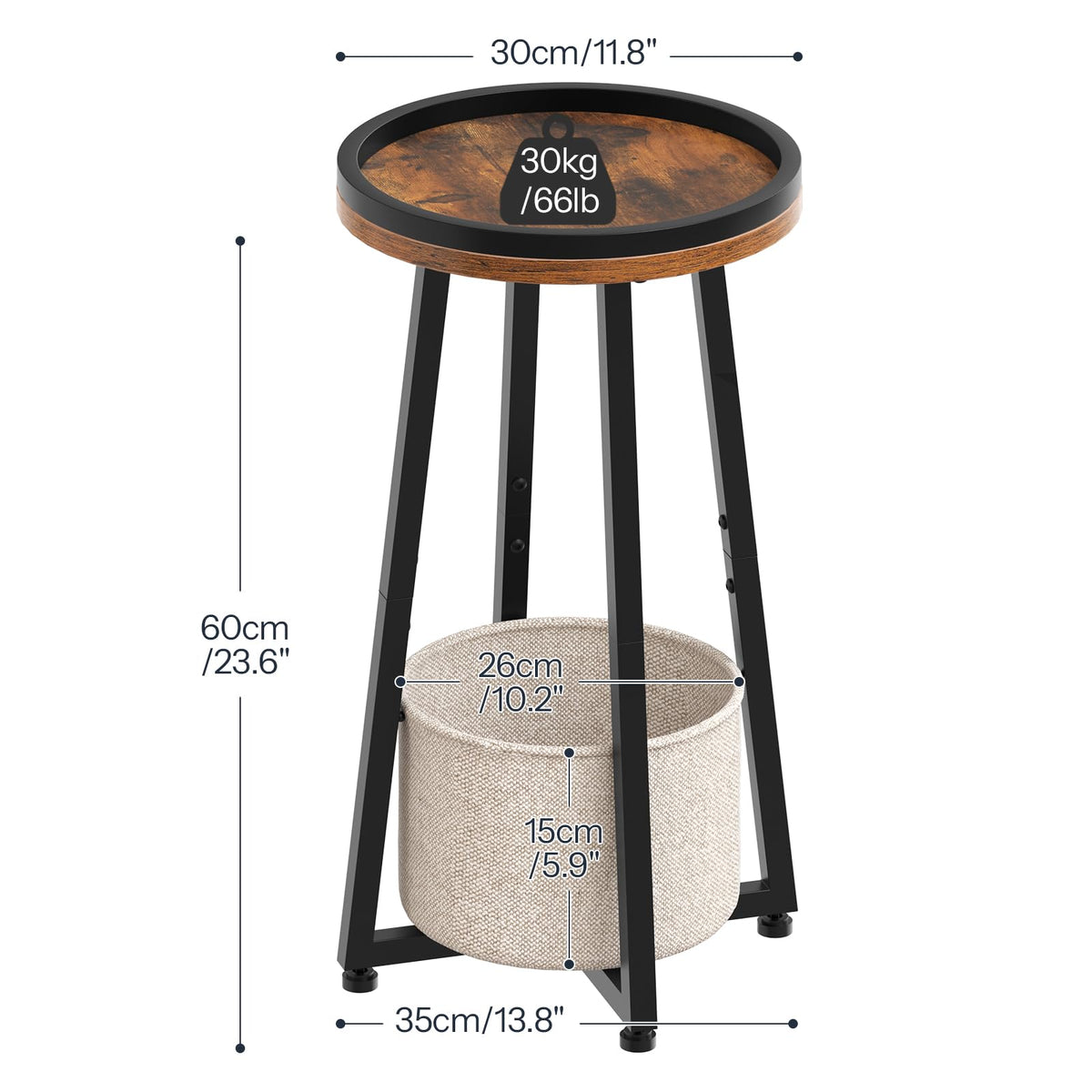 HOOBRO Small Round Side Table, 2-Tier Round Sofa End Table, Compact Nightstand with Cotton Linen Storage Basket, for Small Space, Living Room, Bedroom, Dorm, Rustic Brown BF183BZ01