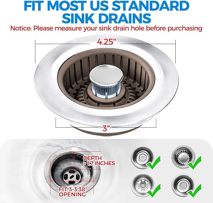 Upgraded 3in1 Kitchen Sink Drain Strainer & Sink Stopper, Stainless Steel