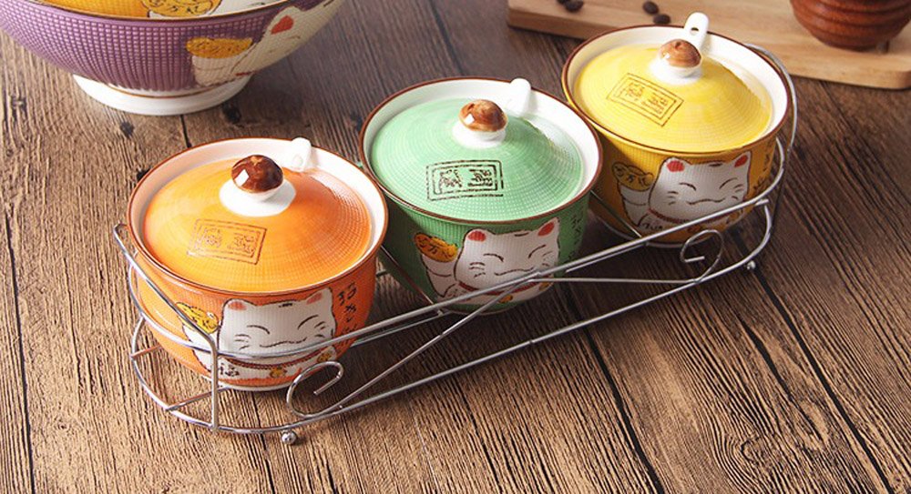 Ceramics Japanese Maneki Neko Lucky Cat Sugar Salt Pepper Storage Jar with Lid And Spoon