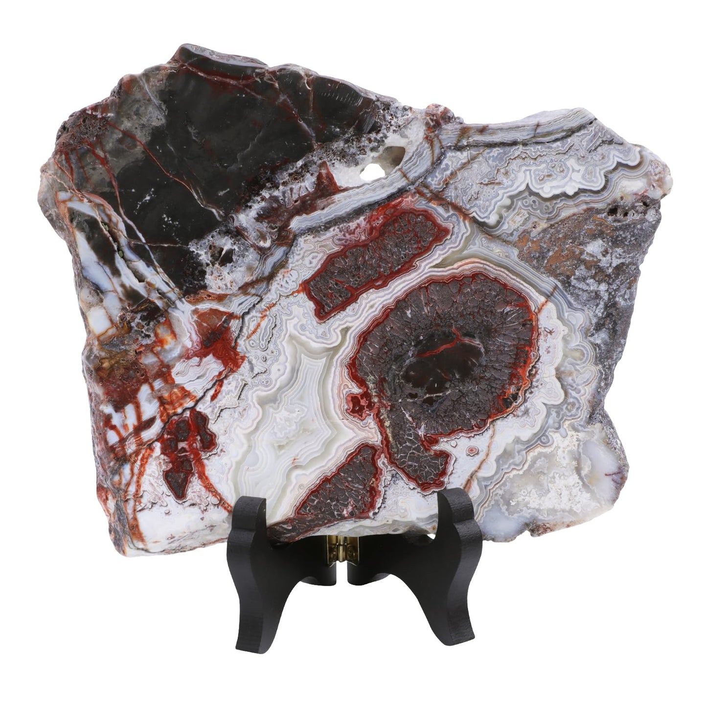 Sportmusies Natural Mexican Agate Slice with Wooden Stand, Irregular-Shaped Polished Crystal Slab Decoration for Home Office, 1.15-1.37 lb