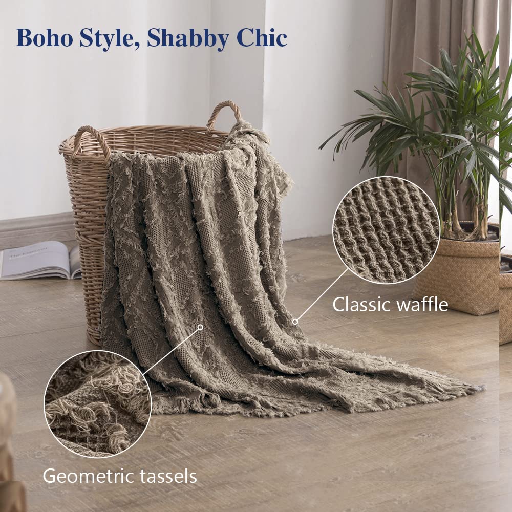 Simple&Opulence 100% Cotton Throw Blanket for Bed, Couch, Boho Textured Geometric Knit Woven Blanket with Tassels Soft, Lightweight Breathable Shabby Chic Farmhouse Decoration for All-Season(Brown)