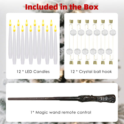 Sunjas Christmas Tree Candles with Magic Wand 12 Pack Flameless Candles for Christmas Tree Flickering Battery Operated LED Candle for Holiday Home Party Decor with Crystal Ball Hook