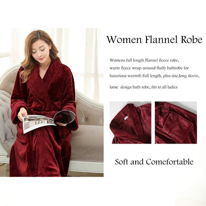 Dressing Gown Women Full Length Robe Plus Size Fleece Winter Warm Bathrobe, UK14-20(label XL), Wine Red