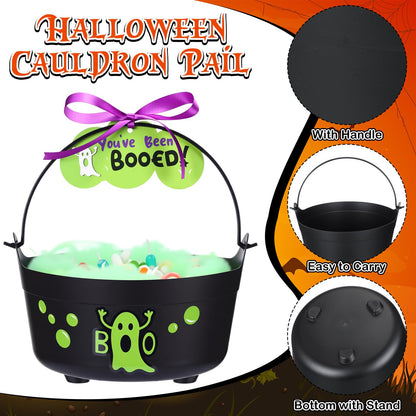 Soulchen 4 Pcs Halloween Boo Bucket Decoration Trick or Treat Gift Basket with 4 Spooky Boo Candy Bucket with Green Spider Silk Cotton Ghost Boos Sticker Card Ribbon for Halloween Party Decoration