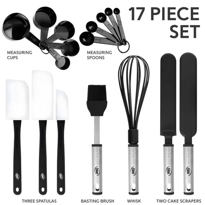 Silicone Spatula Set, 17 Piece Baking Utensils, Nylon and Stainless Steel, Non Stick and Heat Resistant Bakeware set New Baker's Gadget Tools Collection