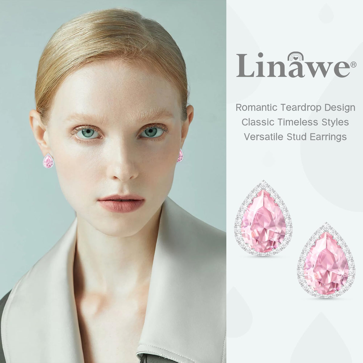 Linawe Pink Earrings Studs for Women, Silver Imitation Diamond Morganite Teardrop Cartilage Stud Earrings Set, Wedding Bridal Iridescent Rhinestone Crystal Sparkly Bridesmaid Jewelry