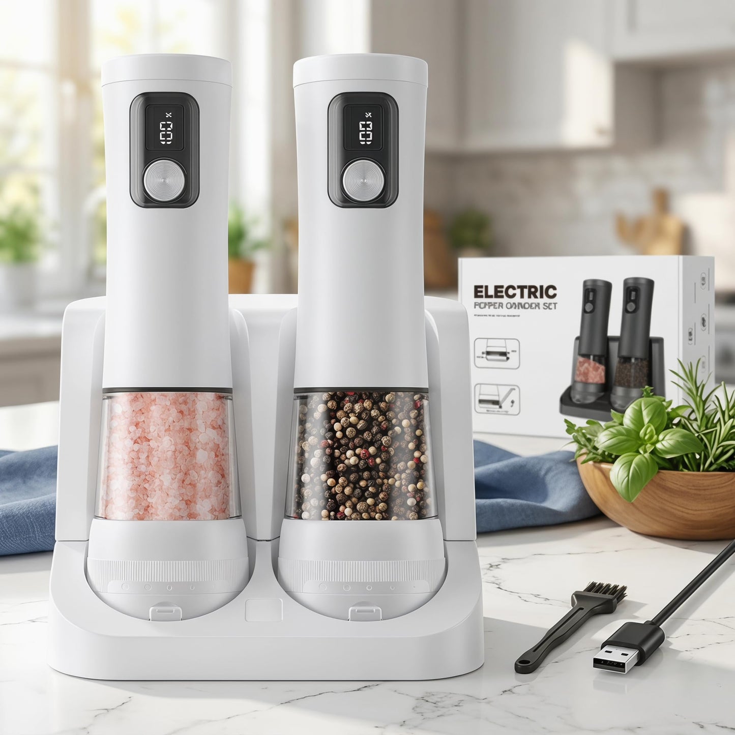 Electric Salt and Pepper Grinder Set, Rechargeable Automatic Pepper Mill with Base,Display, LED Lighting, Large Capacity-Ideal for Kitchen, BBQ Gifts (2, White(27C))